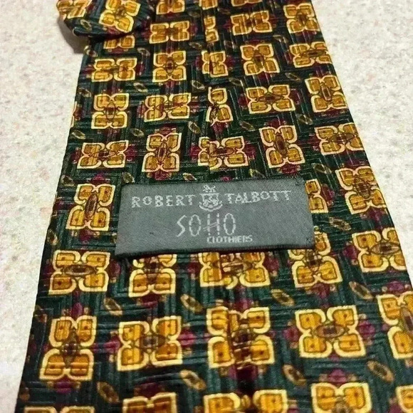Robert Talbott Silk Necktie Green/Gold Square Print Handsewn - Picture 5 of 7